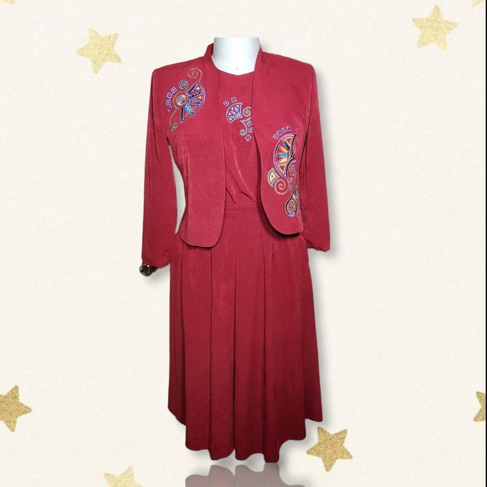 Vintage 80's City Girl Petites 3-Piece Embroidered Skirt Suit - Size Large